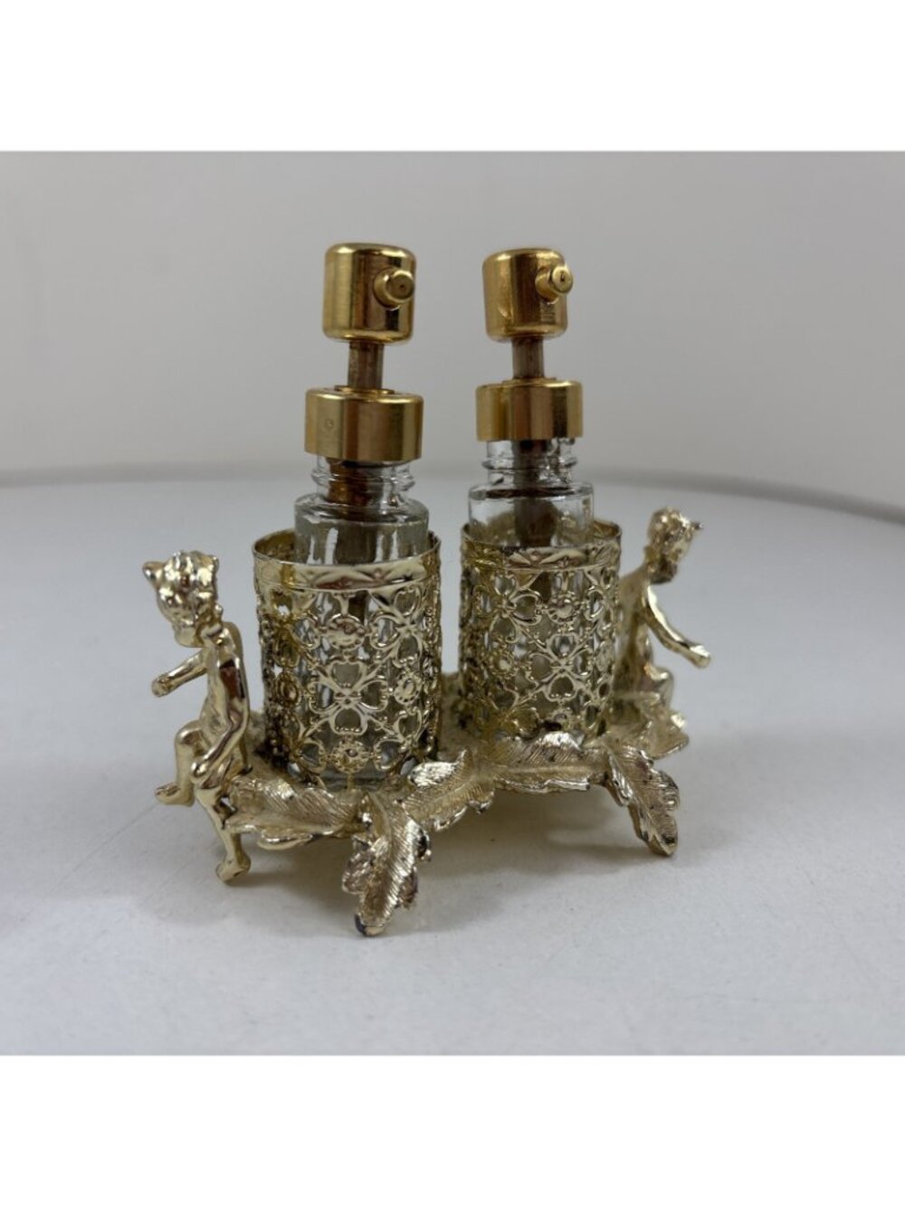 Vintage Cherub Perfume Glass Bottle Set Gold Filigree Holder SF Hollywood Reg - Picture 2 of 9